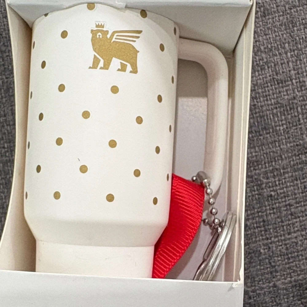 Stanley White Ornament Keychain Tumbler with Gold Polka Dots and Red Strap - Picture 4 of 4